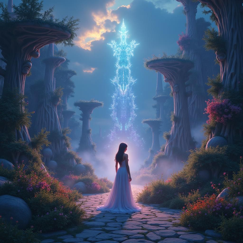 Ethereal Woman in Dreamlike Fantasy Landscape