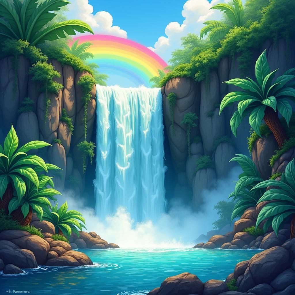 Colorful Cartoon Waterfall with Rainbow and Lush Foliage