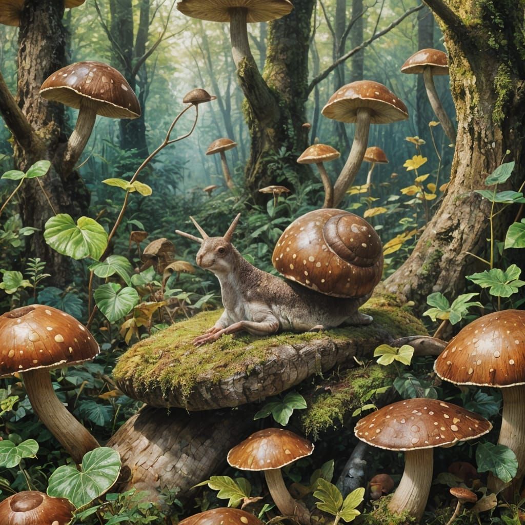 Snail on Mushroom Cap in Fairytale Forest