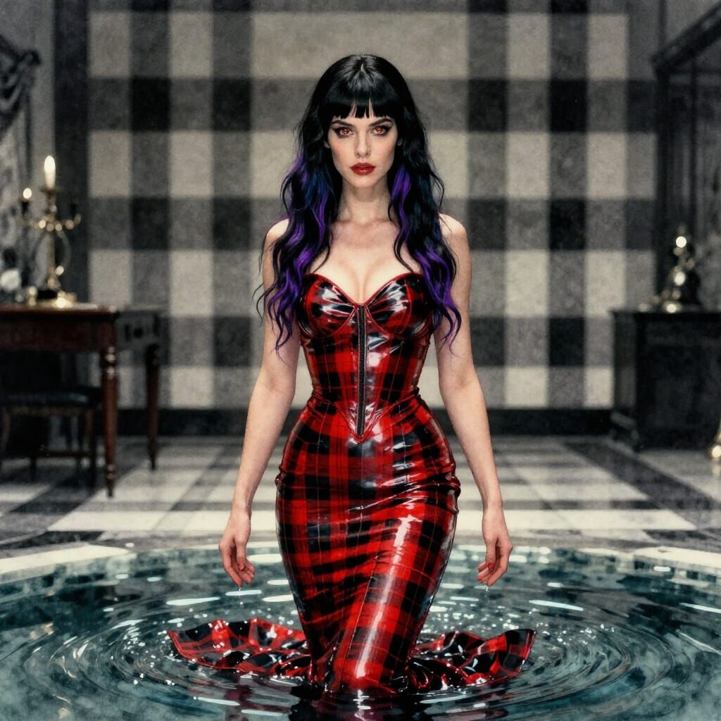 Woman in Latex Mermaid Gown, Watercolor Style