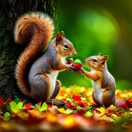 Cute Squirrels Sharing Acorns in Forest, Photorealistic