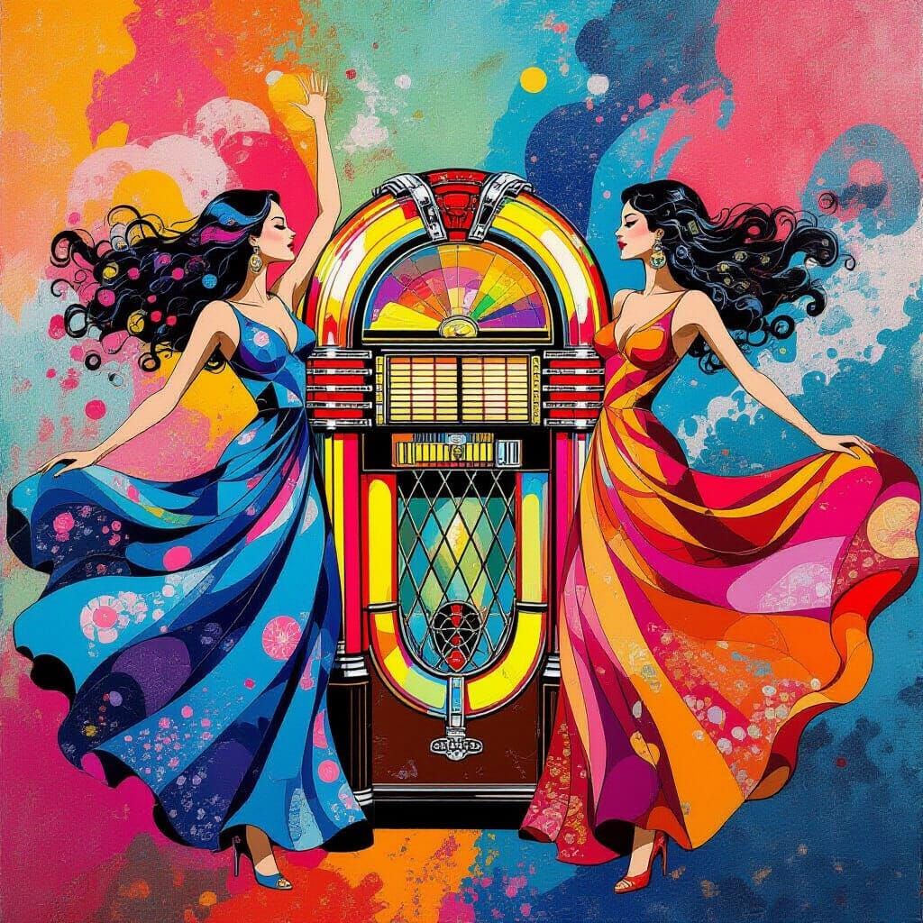 Psychedelic Women with Jukebox in Pop Art Style