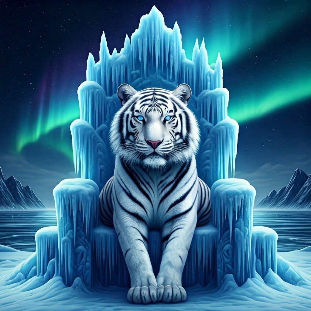Icy Throne for White Tiger Under Northern Lights