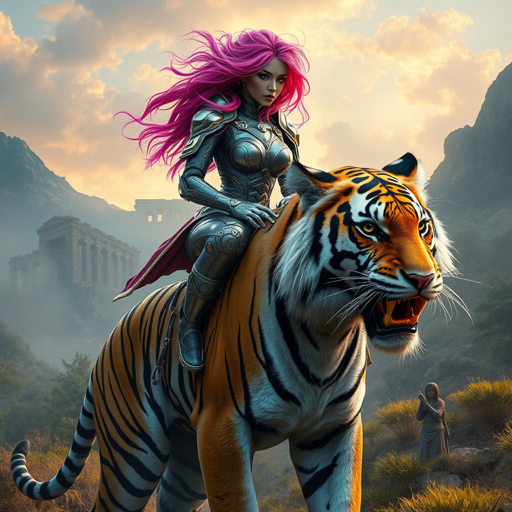 Woman on Tiger in Lush Prehistoric Landscape