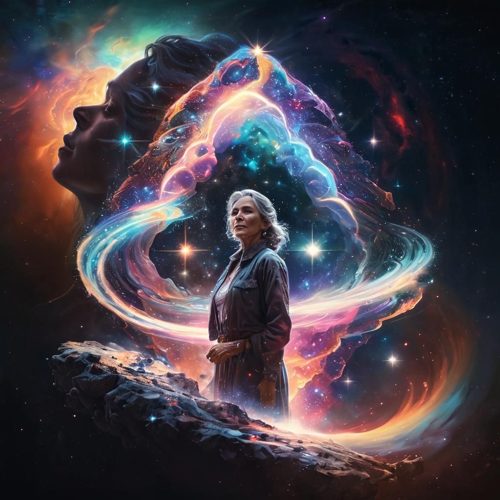Woman at Astral Portal in Holographic Illustration