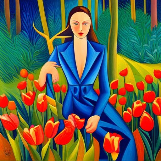 Blue Tulip Garden in Post-Impressionist Style