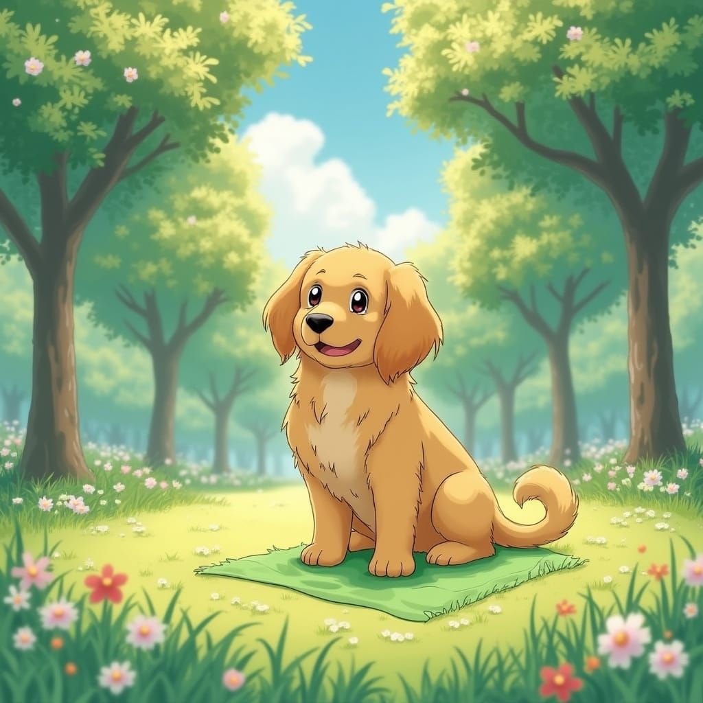 Golden Retriever Puppy in Whimsical Park Landscape