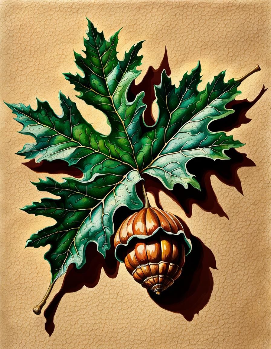 Detailed Gouache Ink Drawing of Acorn Leaf