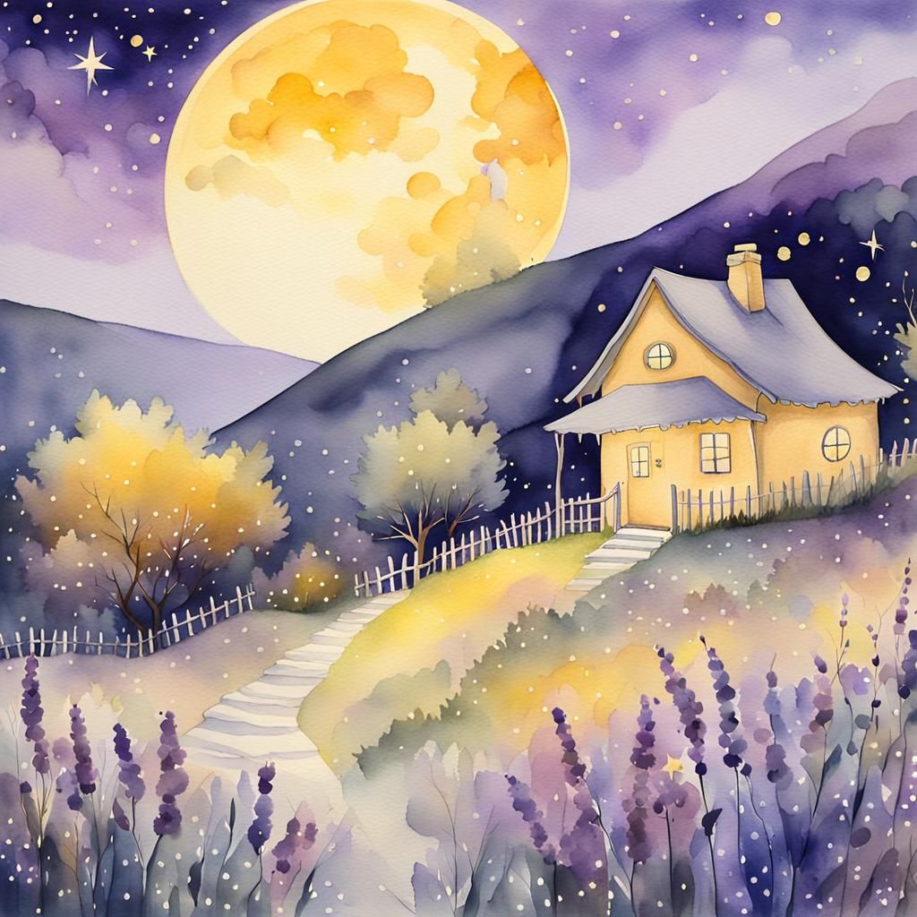 Cozy Cottage Under a Giant Moon, Watercolor Painting