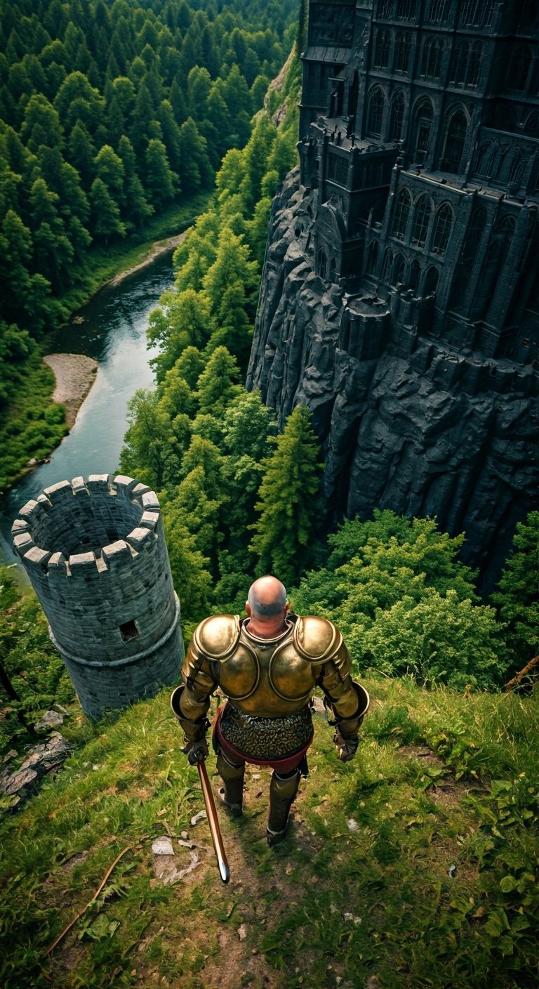 Medieval Warrior Walks Towards Black Castle in Forest