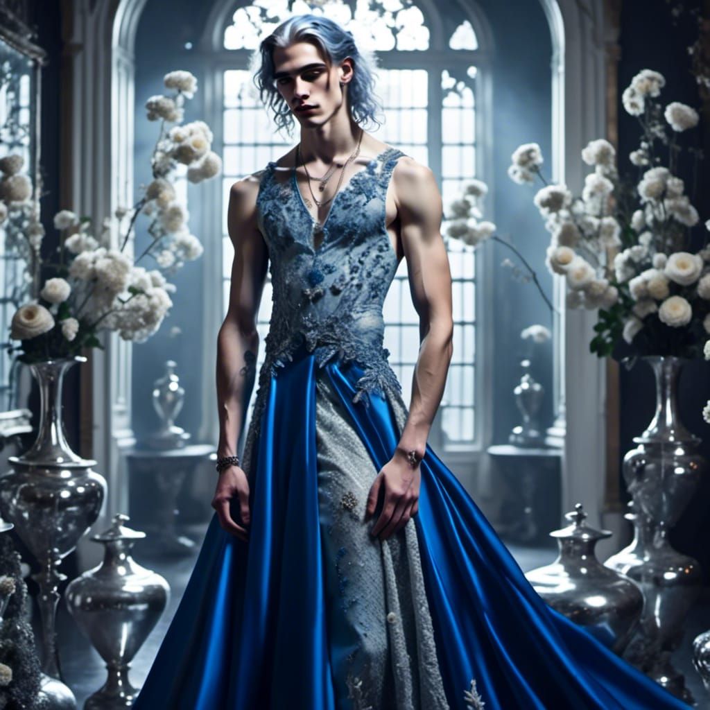 Young Man in Blue Gown with Silver Vases