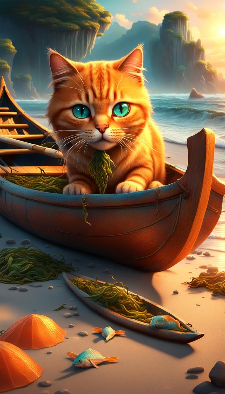 Cat Eating Fish Beside Jukung Canoe: Fantasy Matte Painting