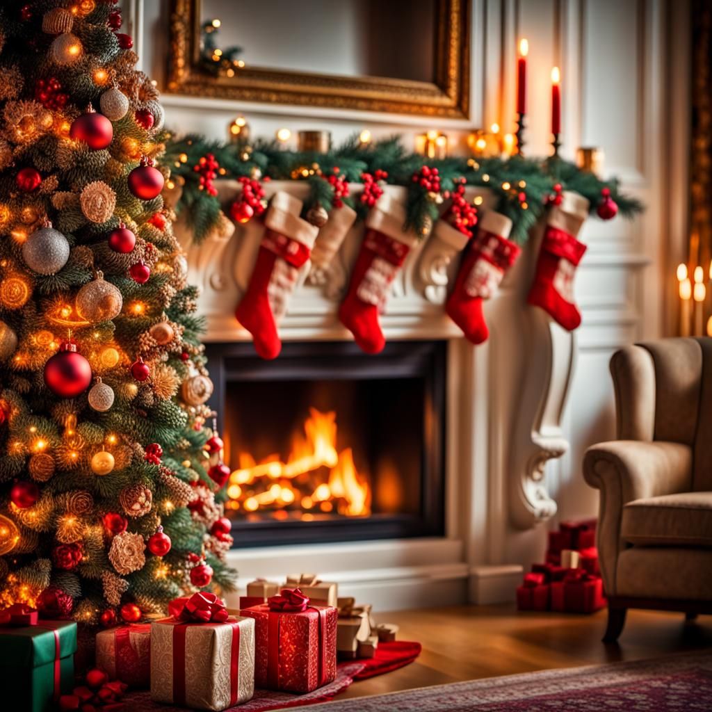 Festive Christmas Living Room with Decorated Tree