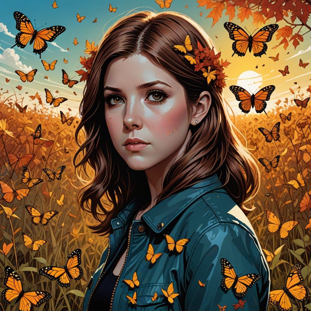 Anna Kendrick Amidst Monarch Butterflies in Fall Colors, Com...