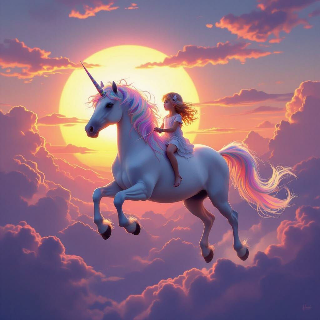 Magical Unicorn Flight with Child at Sunset