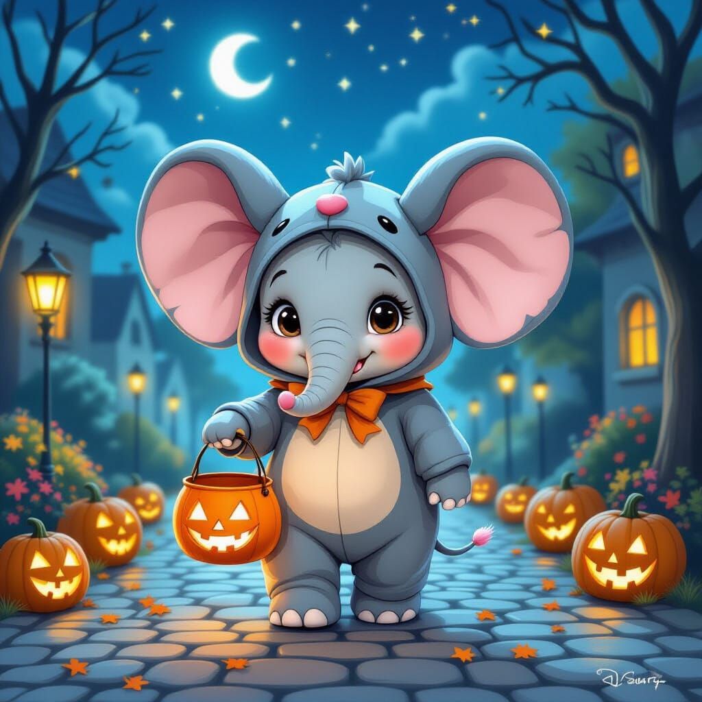 Elephant in Mouse Costume with Jack-o'-Lantern Bucket