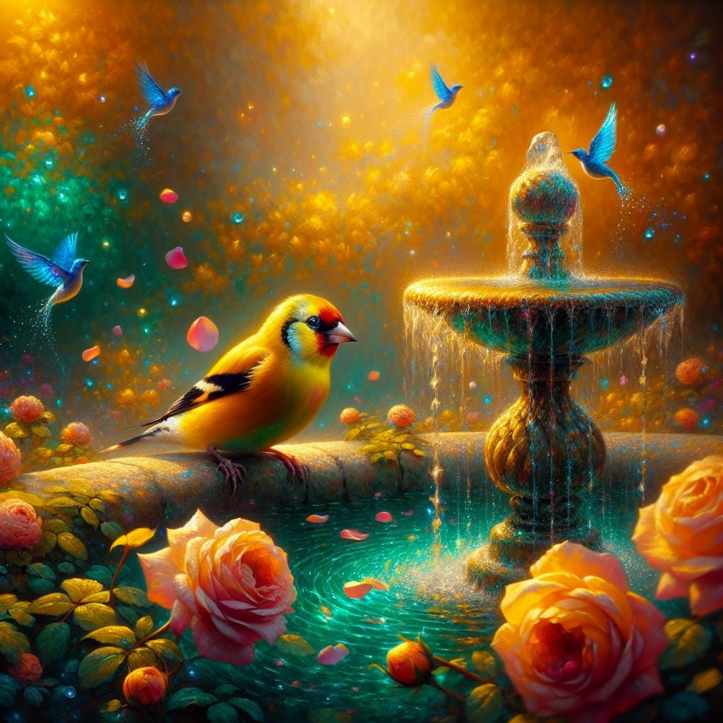 Golden Finch on Fountain in Impressionist Style