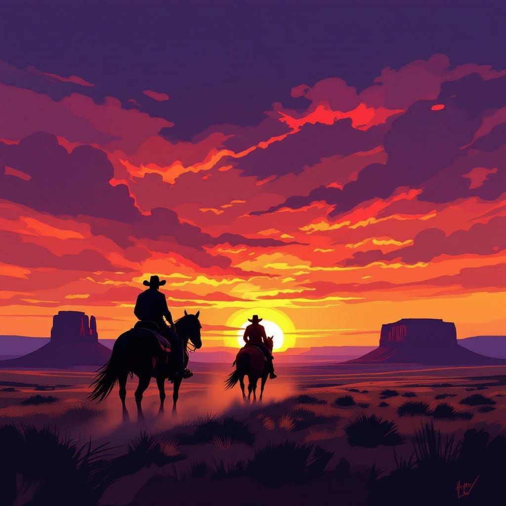 Epic Western Cowboy Gallop at Fiery Sunset
