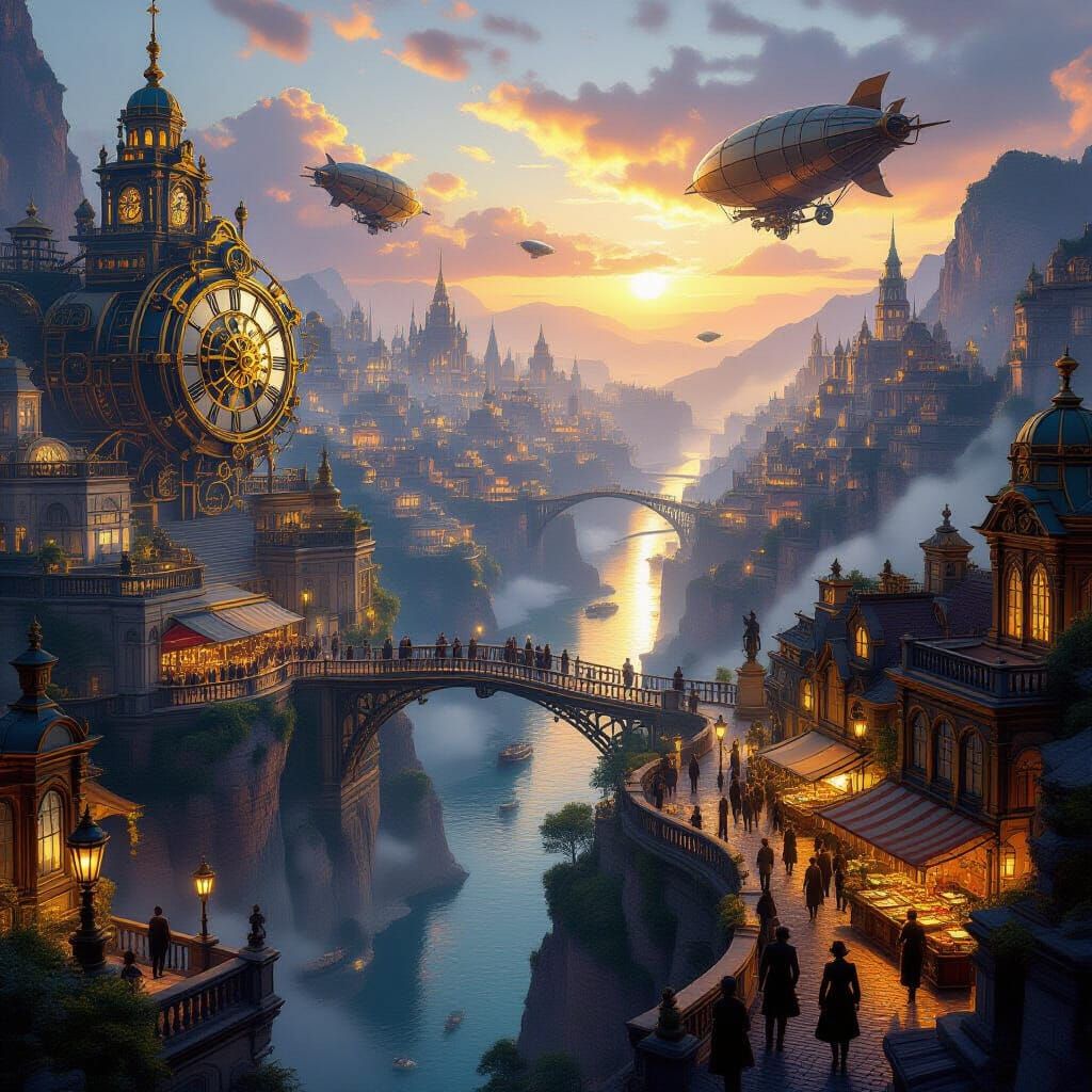 Steampunk Metropolis at Sunset with Zeppelins