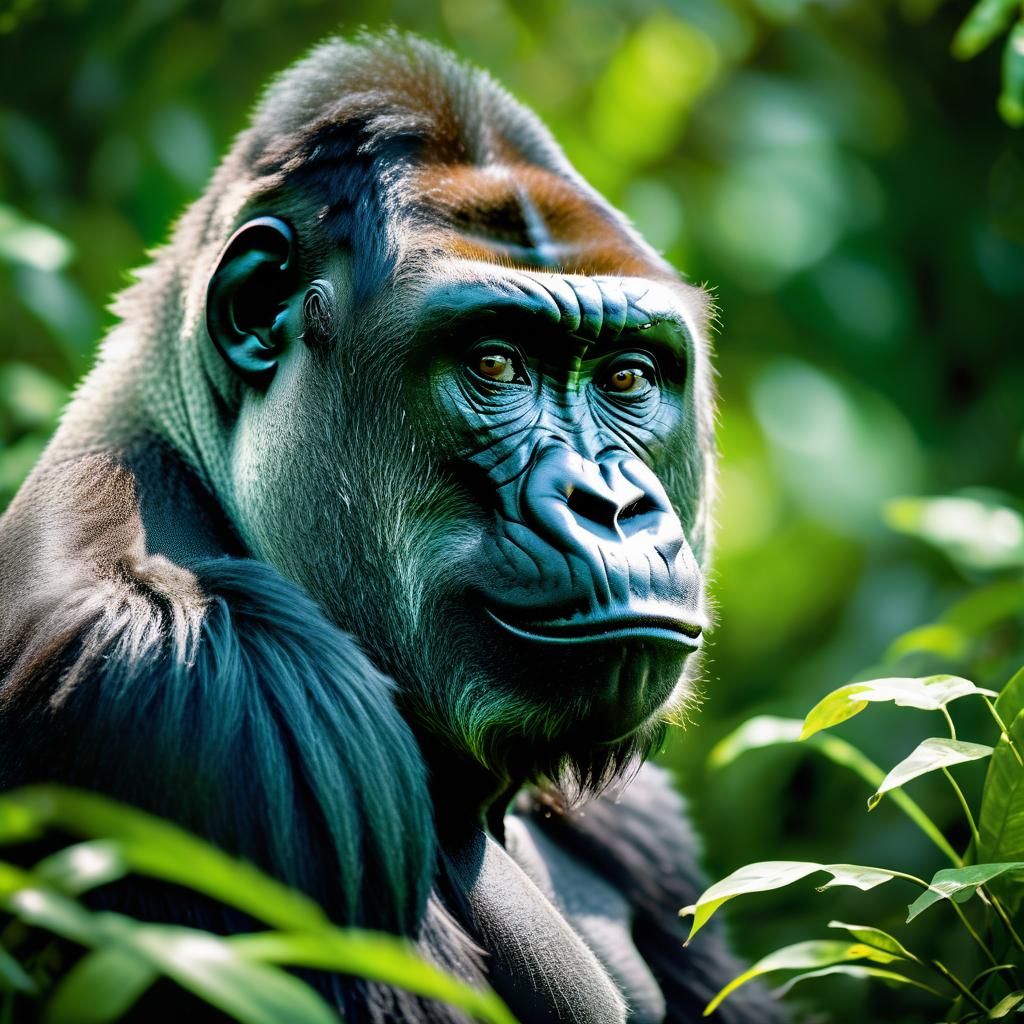Contemplative Western Lowland Gorilla in Lush Jungle Clearin...