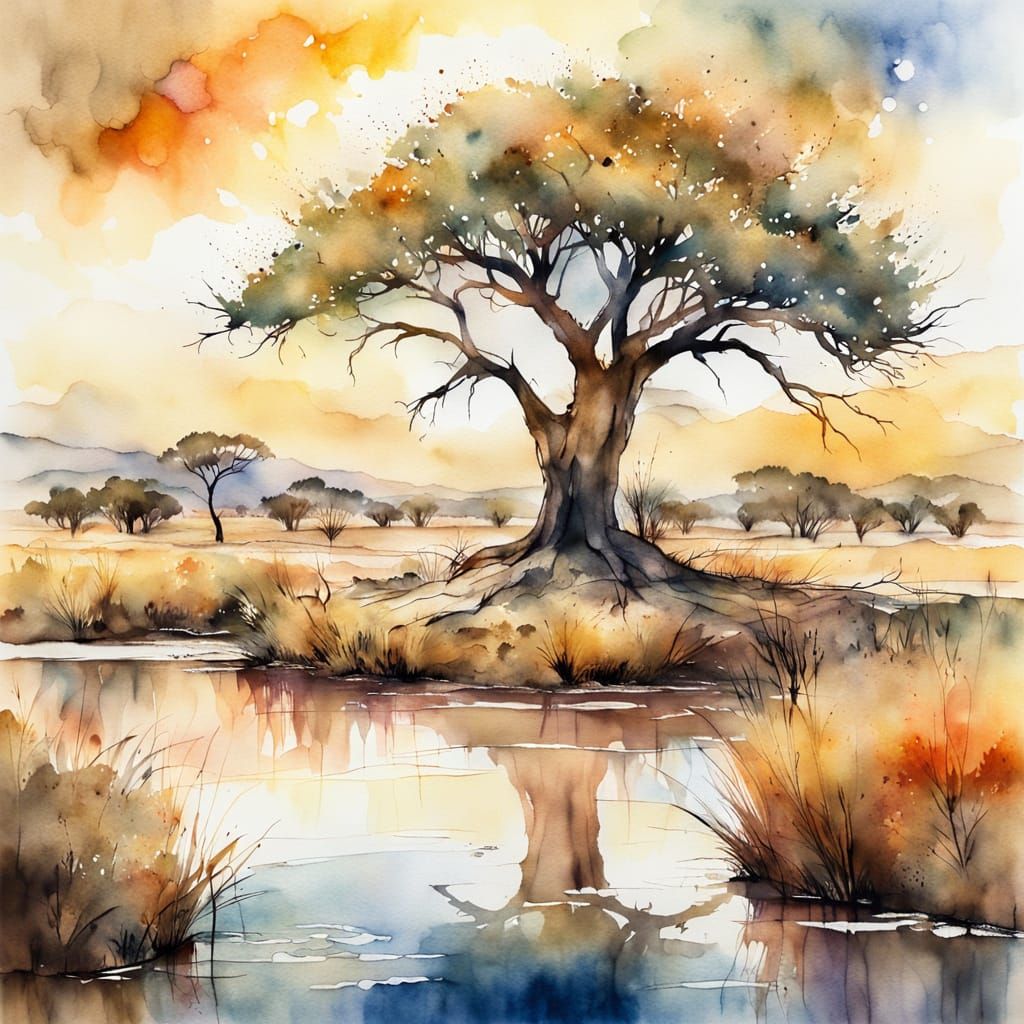 African Savannah Waterhole in Watercolor Style