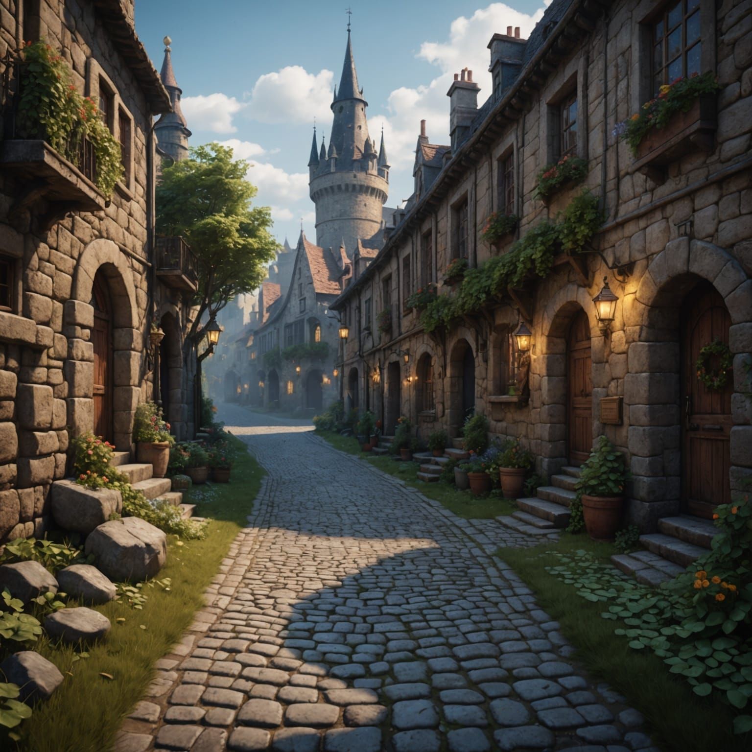Fairytale Cobblestone Road in Detailed Matte Painting Style