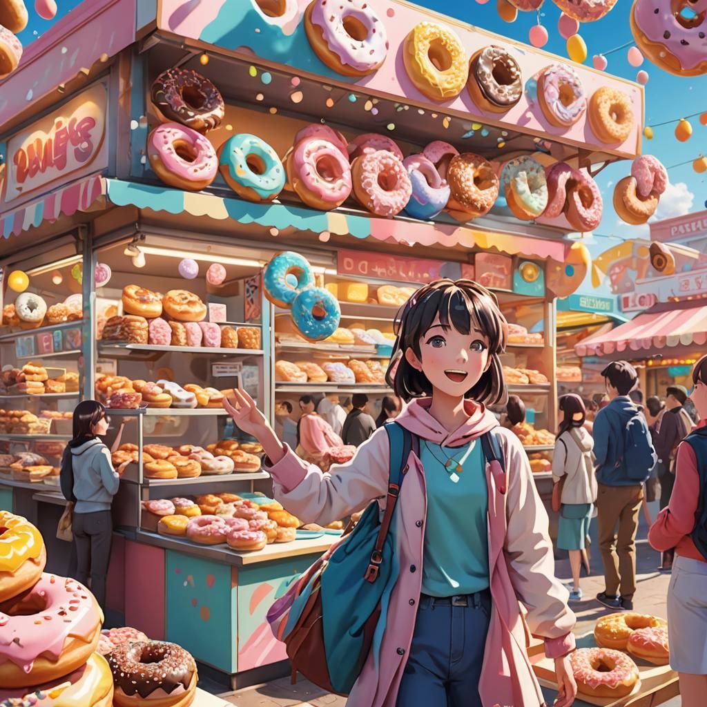 Anime Style Food Stand With Waving Donuts