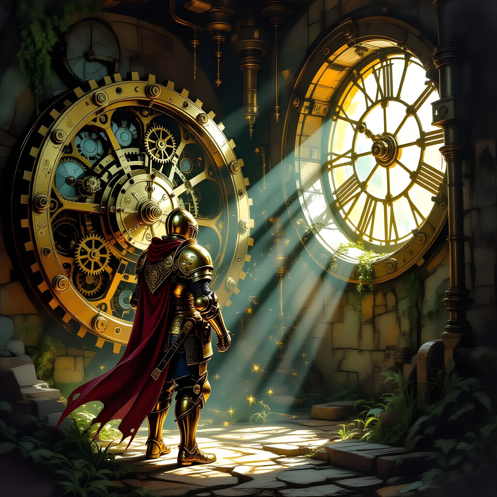 Whimsical Knight in Brass Armor Discovers Clockwork Chamber