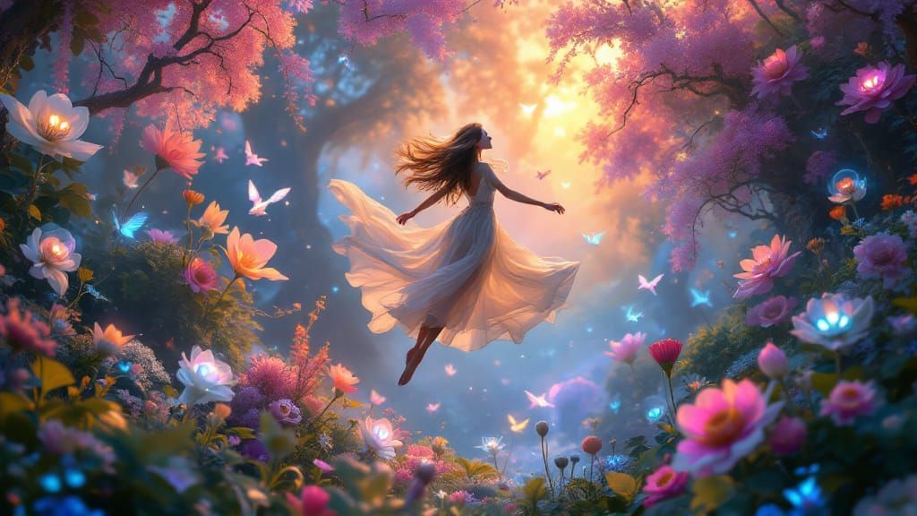 Girl Gliding Through a Bioluminescent Fantasy Park