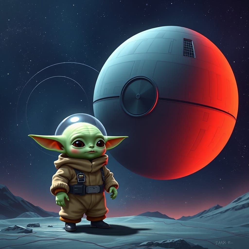 Baby Yoda in Futuristic Spacesuit Beside Death Star
