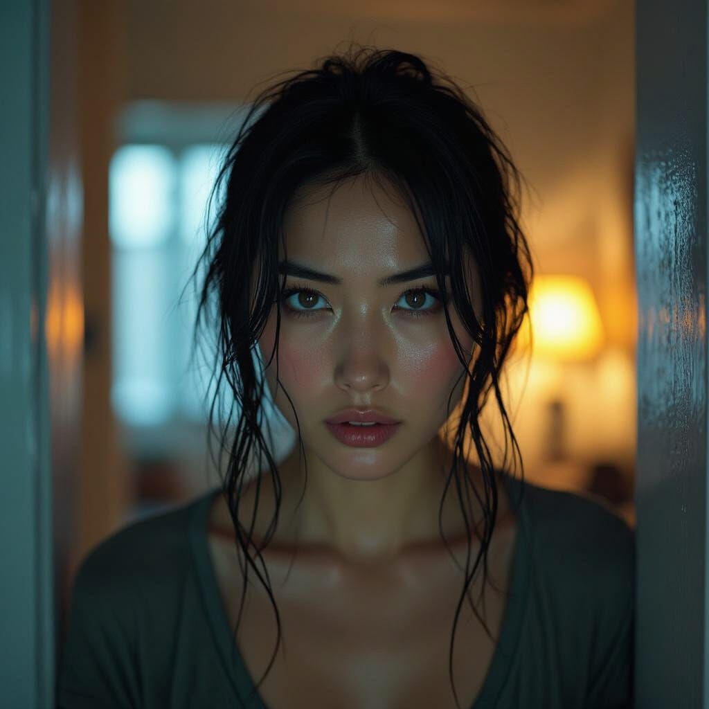 Cinematic Apartment Scene: Weary Woman in Wong Kar-wai Style