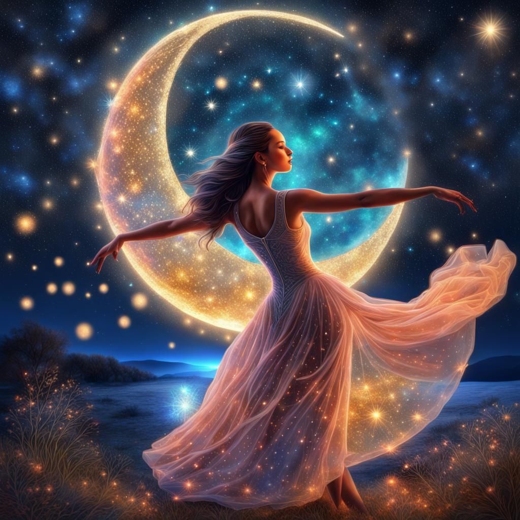 Ballerina Dancing Under Astral Crescent Moon