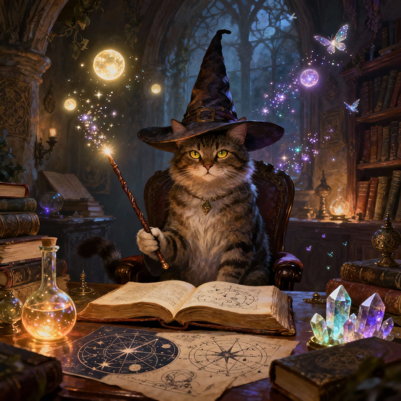 Wise Cat Wizard in Magical Study, Digital Matte Painting