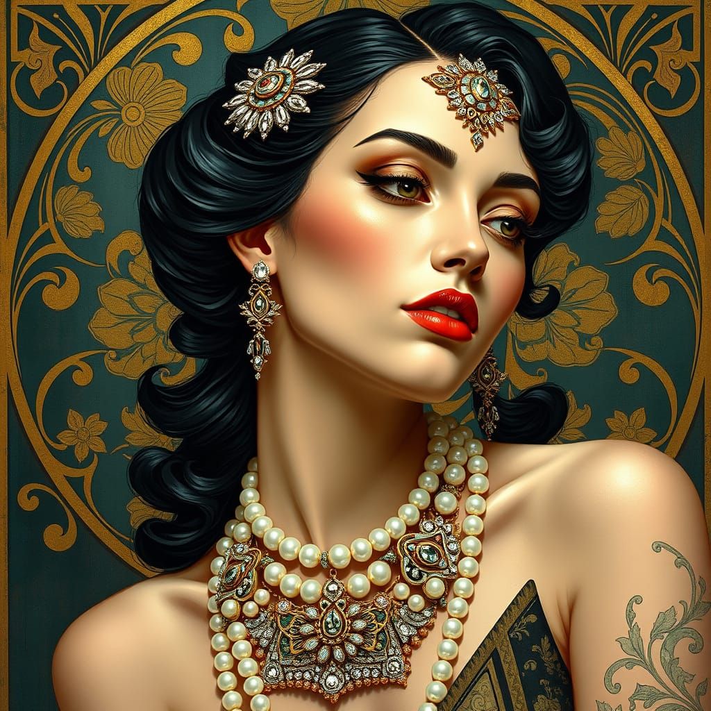 Elegant Woman Adorned in Art Nouveau Jewelry