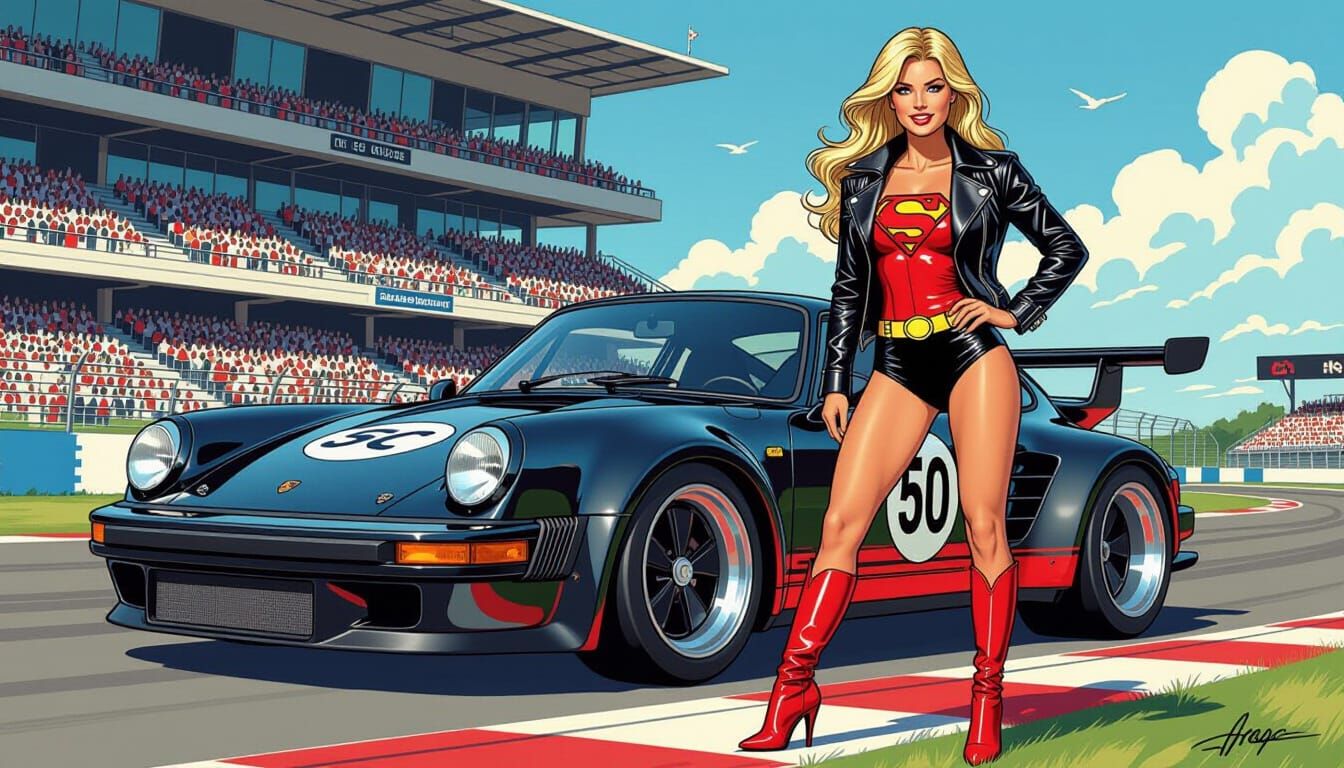Kara Zor-El at Le Mans: Hand-Drawn Pin-Up Illustration