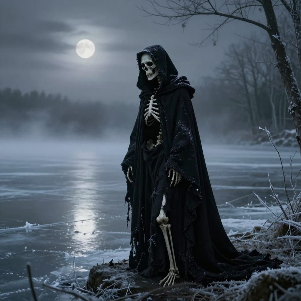 Grim Reaper on Frozen Lake in Gothic Style