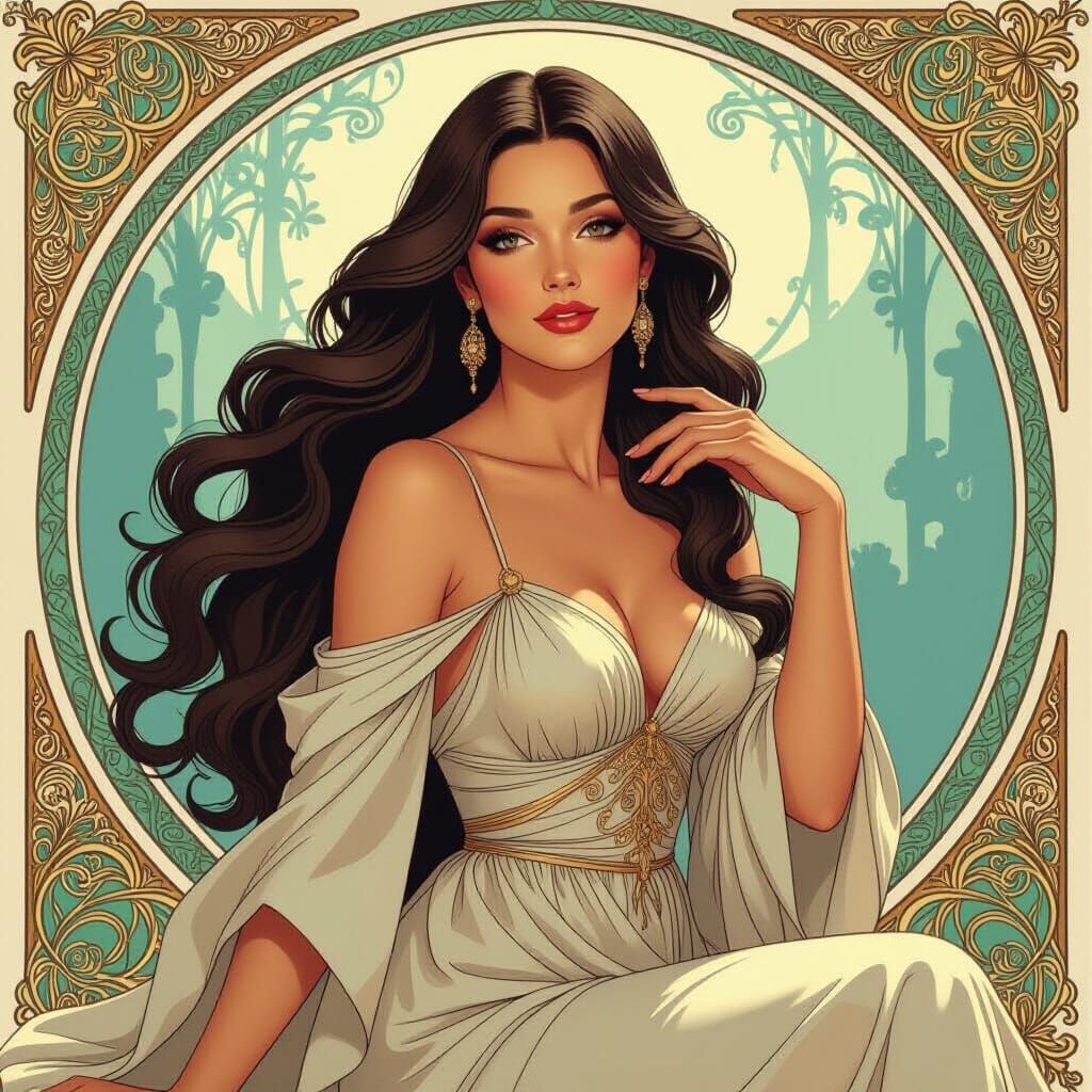 Elegant Woman with Flowing Hair in Art Nouveau Style