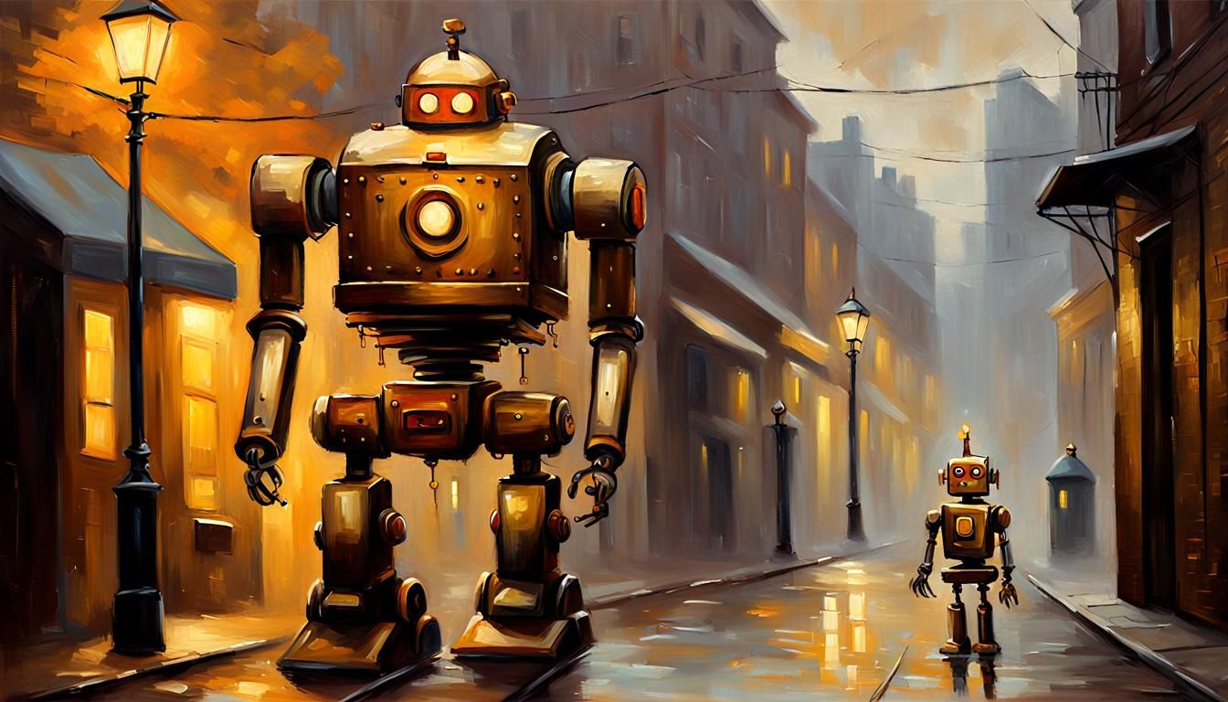 Steam-Powered Robot in Alleyway: An Impressionist Oil Painti...
