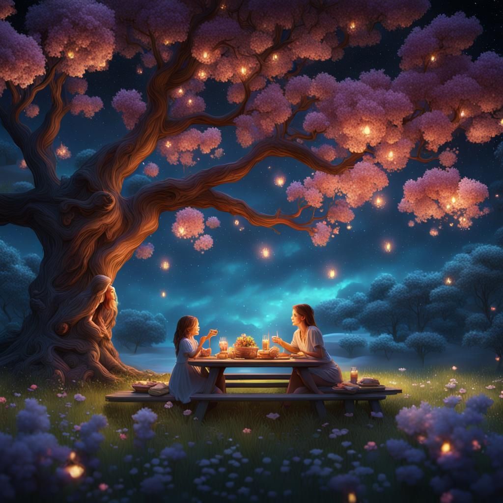Mother and Daughter's Starry Night Picnic