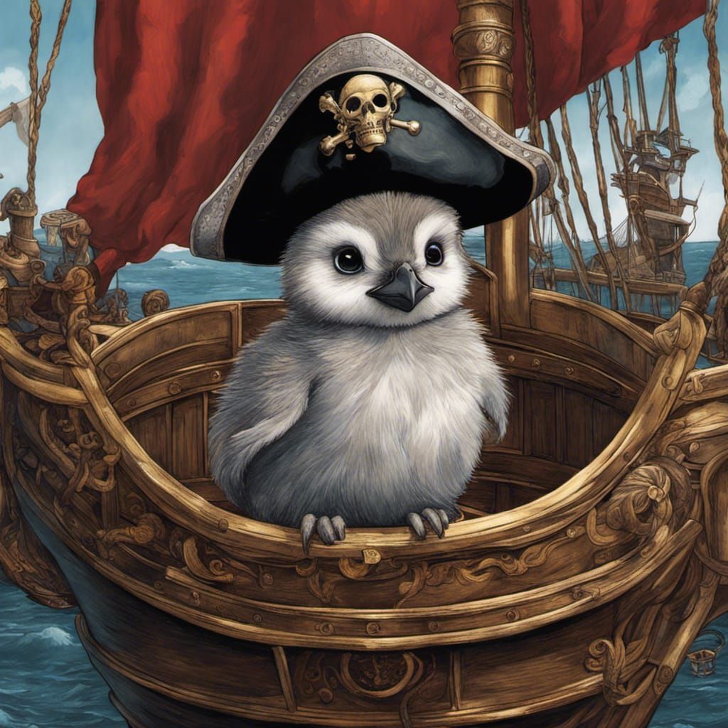 Cute Penguin Chick Pirate on Ship in Graphic Novel Style