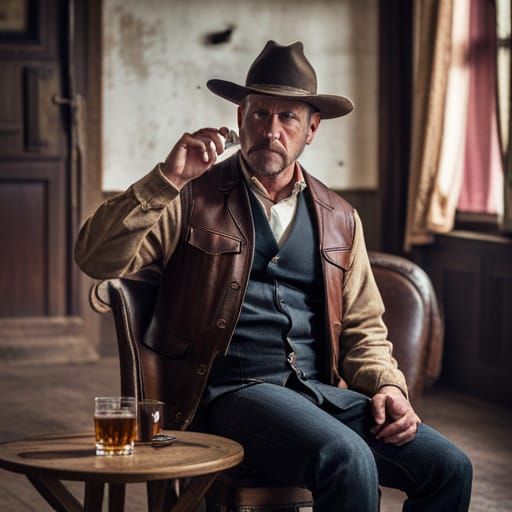 Cowboy Sipping Whiskey in Saloon: Professional Photography