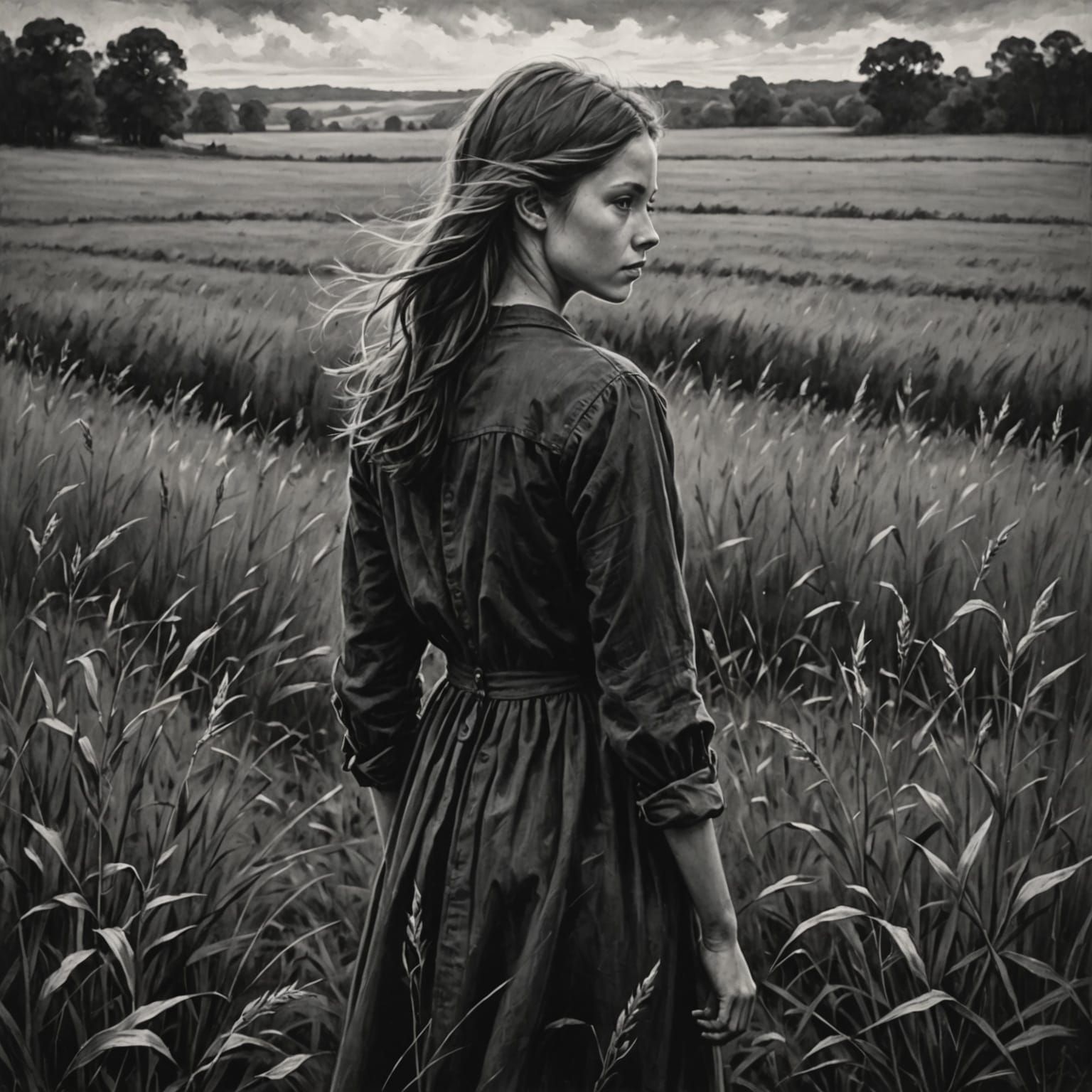 Girl in a Field, Charcoal Drawing with Loose Strokes