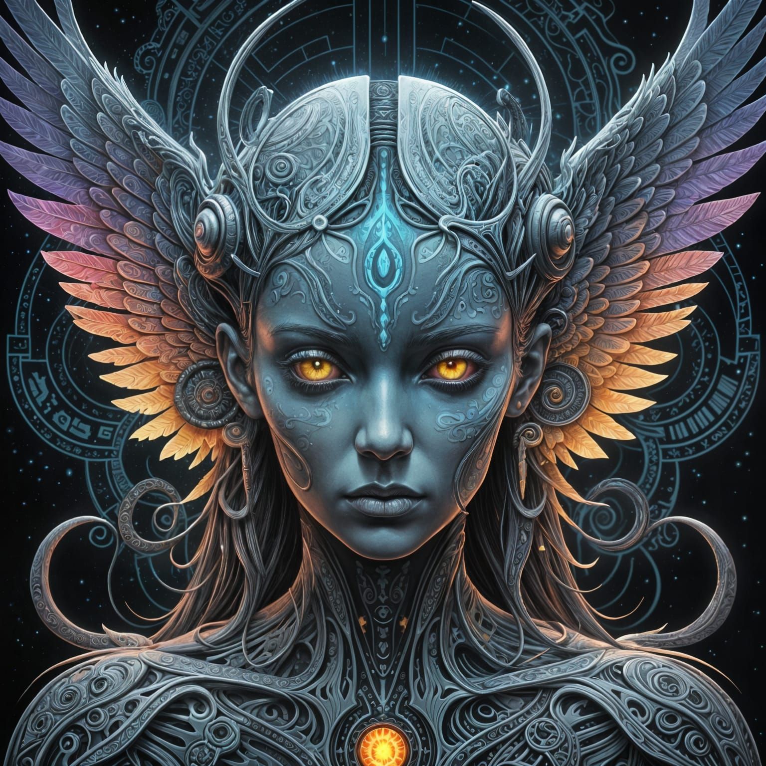 Psychedelic Fallen Angel with Dripping Eyes in Blacklight Po...