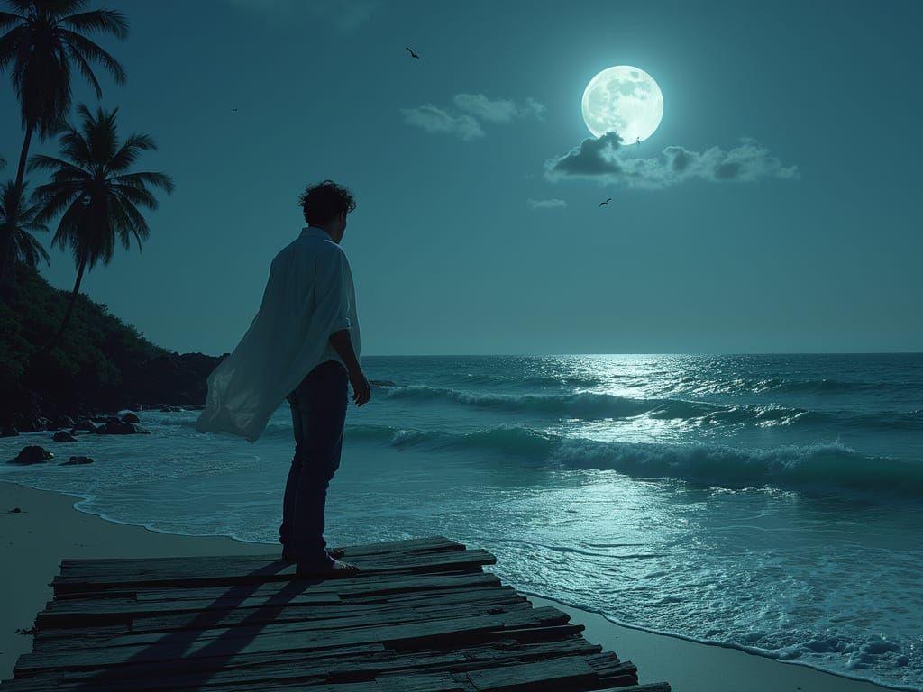 A lone figure stands on a moonlit pier on a summer night by ...