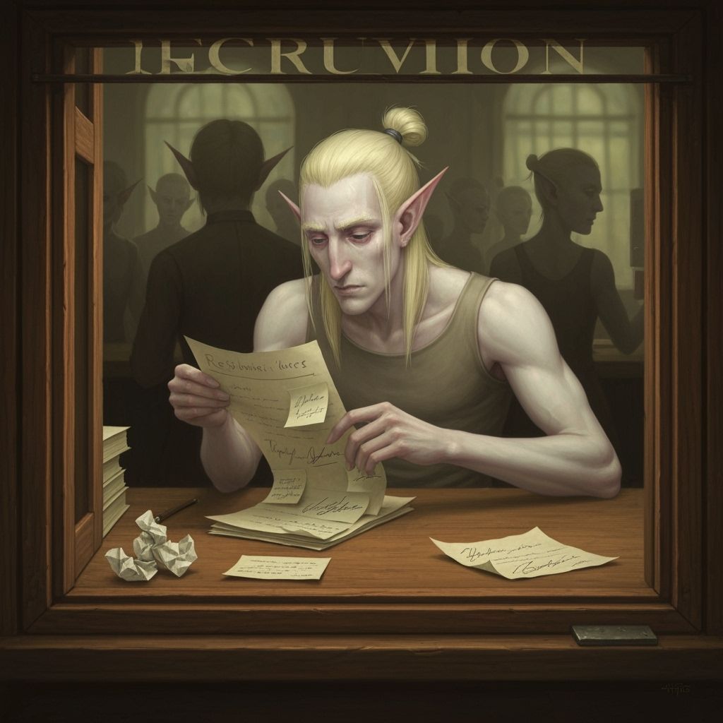 Pale Elf Sifts Through Parchment in Surreal Recruitment Offi...