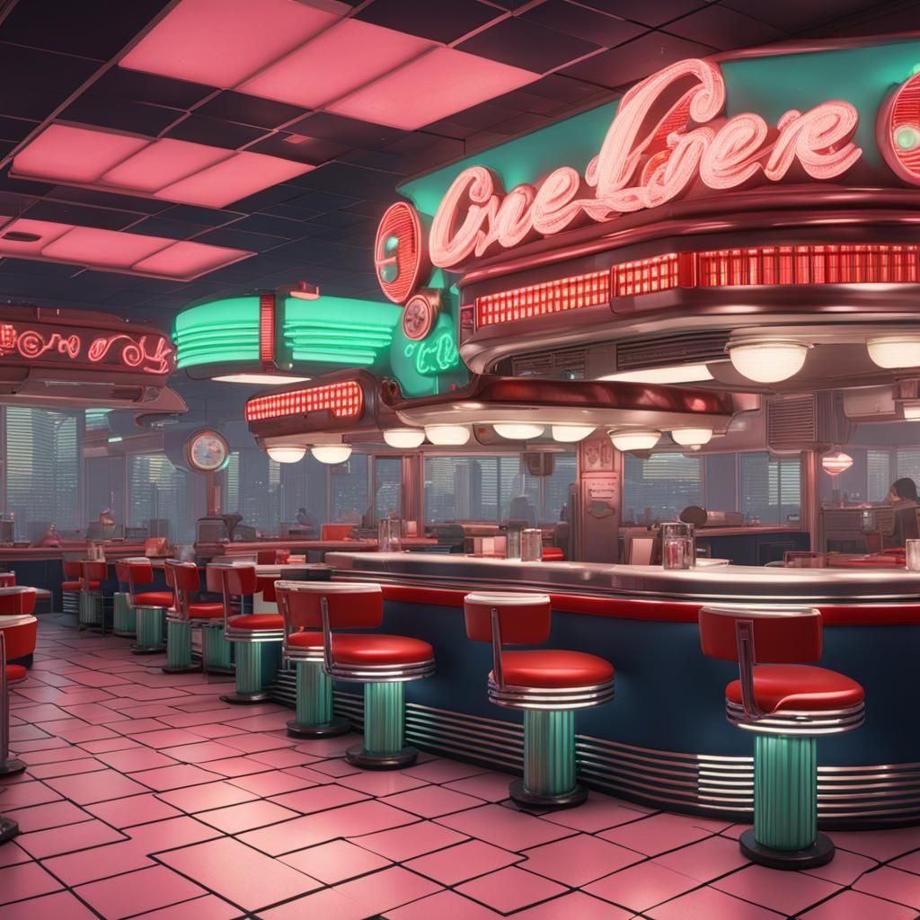 Dystopian Cyberpunk Diner from the 1950s