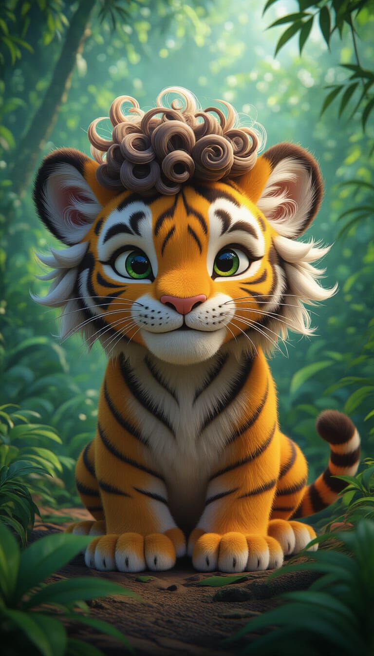Cute Tiger Cub in Jungle Scene