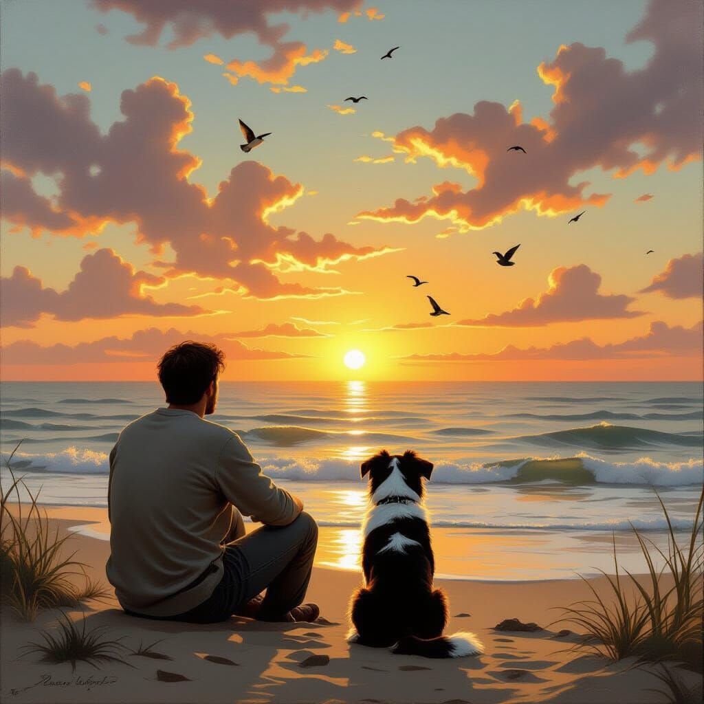 Man and Dog Watch Sunrise as Renaissance Oil Painting