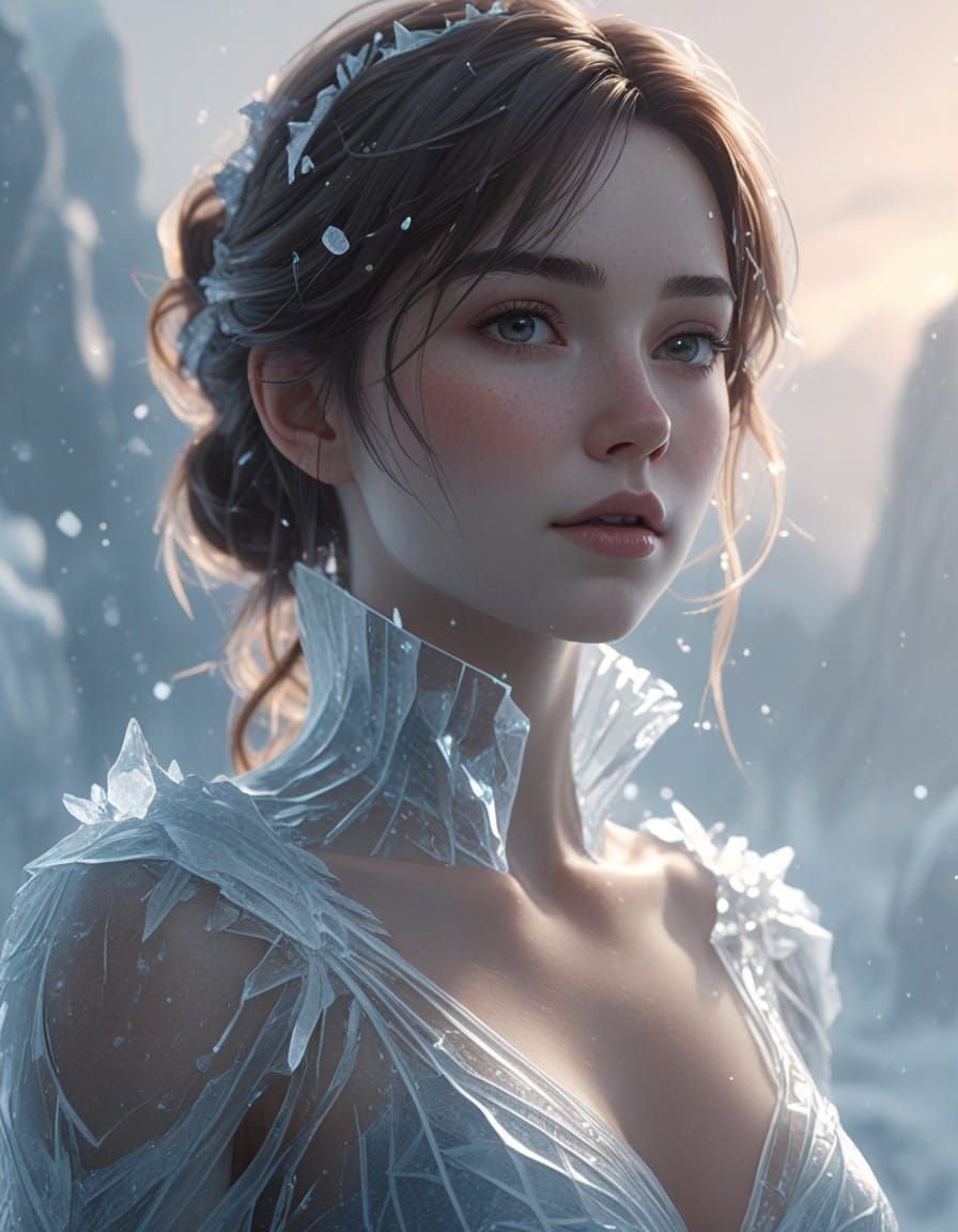 Anime Ice Woman in Misty Landscape