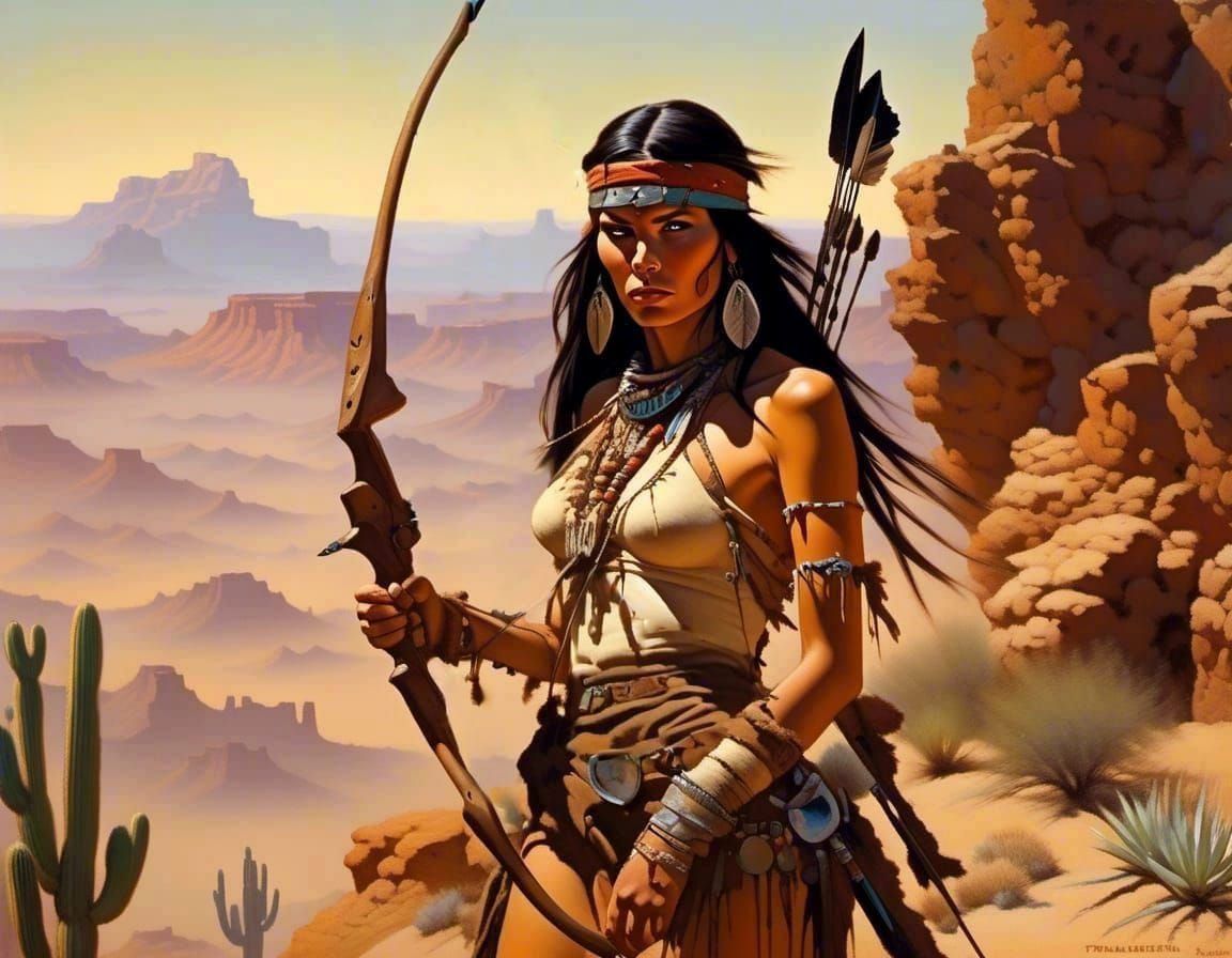 Apache Huntress in Arizona Desert Oil Painting